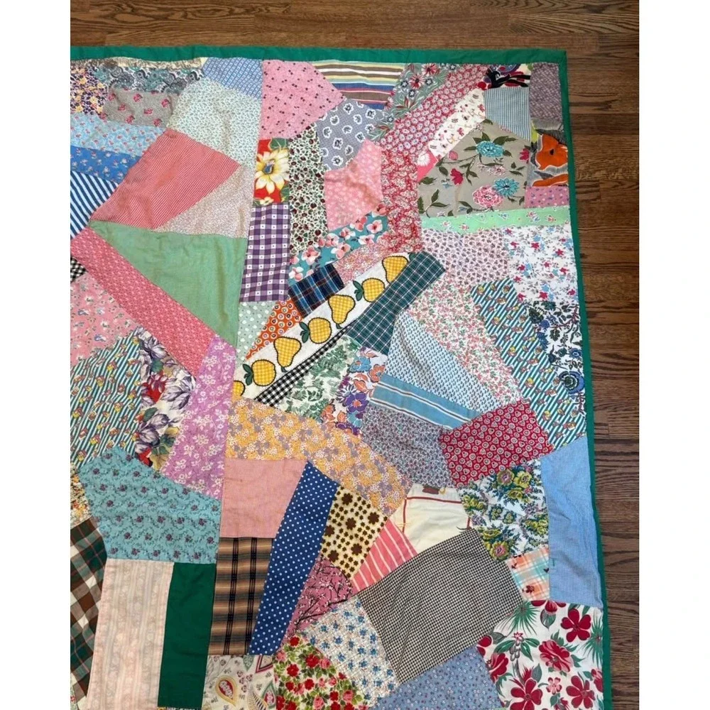 Vintage Reversible Hand Tied Scrappy Nine Patch Star Quilt 86